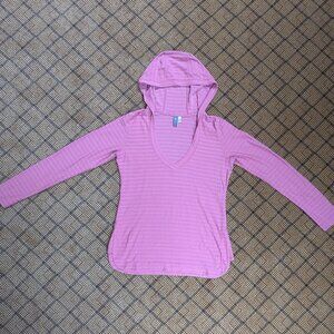 IBEX Hooded Long Sleeve Shirt Merino Wool Blend Women's Large Pink Shadow Stripe